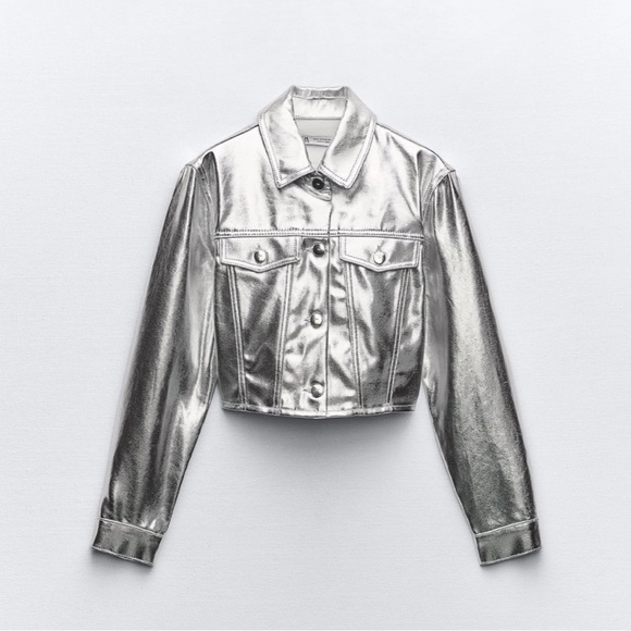 NWT Zara Silver Denim Jacket XS | silver metallic denim cropped jacket - Picture 2 of 10